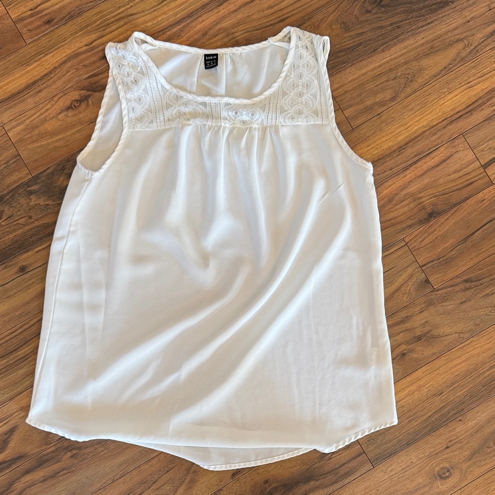 SHEIN Cream Sleeveless Blouse with Lace Detail